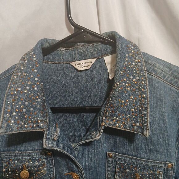 Womens 1xl Laura Ashley Blue Stretch Denim Jacket Embellished Western See Pics - Picture 2 of 11